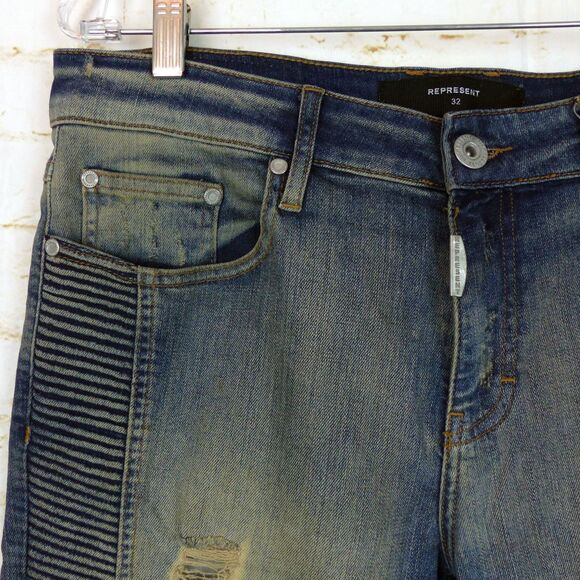 Represent Biker Jeans Mens 32 Blue Sand Stone Destroy Wash Moto Rib Skinny Rock - Picture 5 of 15